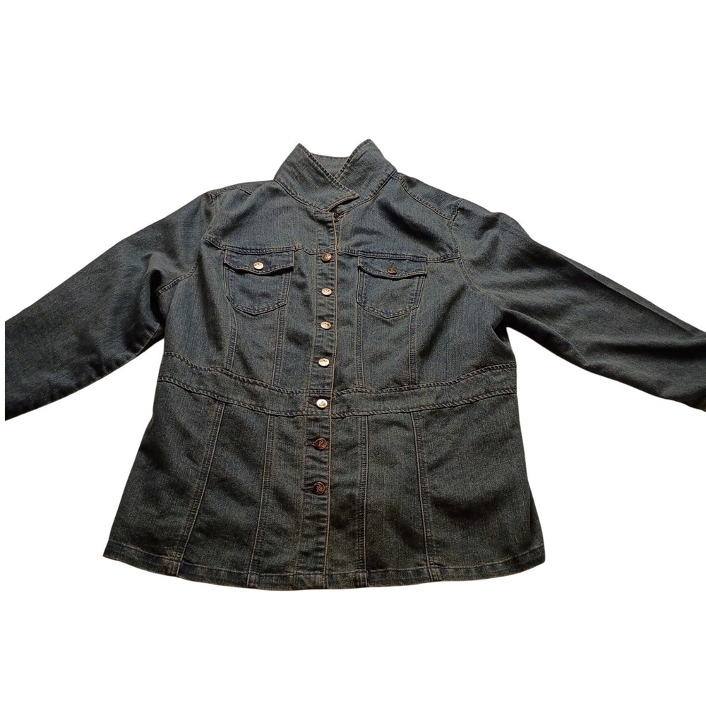 Roamans Blue Denim Jacket Women's 26W Button Front Stand Collar Seamed Waist